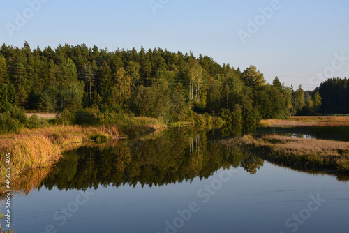 river bends on a sunny autumn day with tree and grass reflections in the water