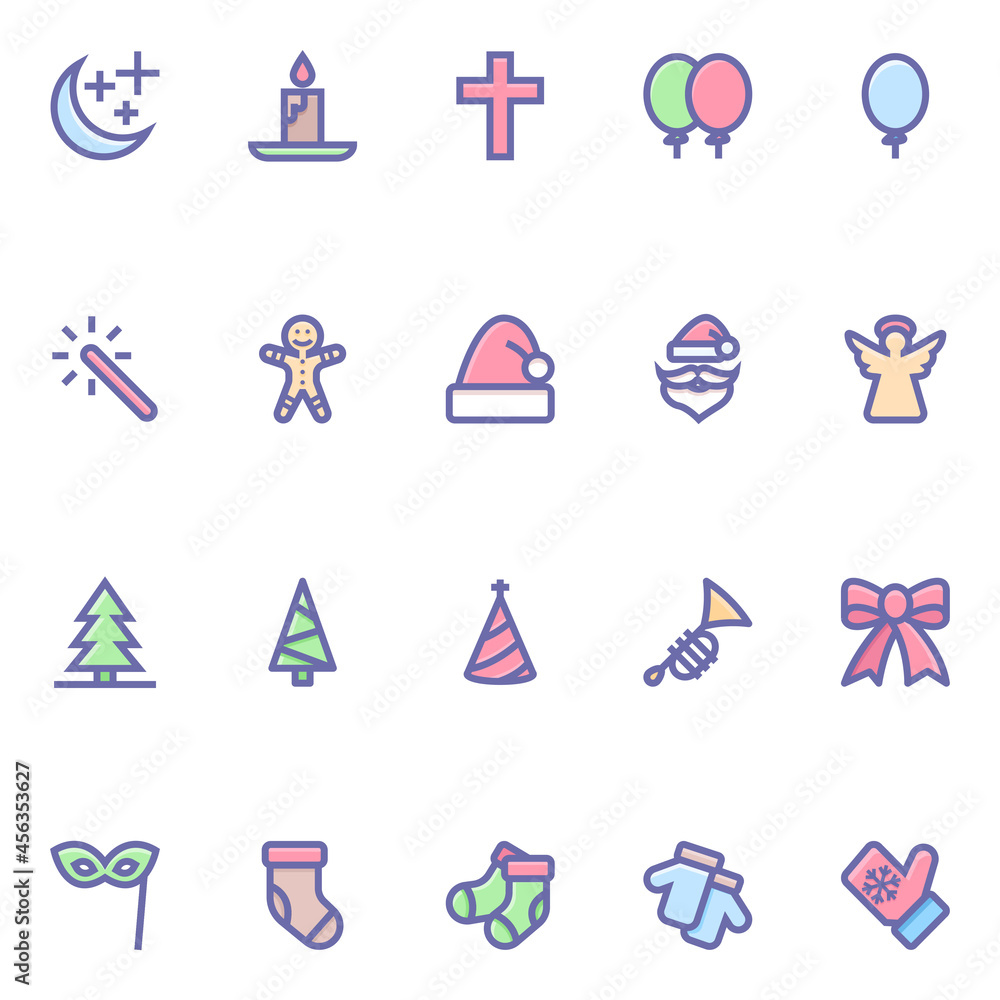 Filled color outline icons for christmas.