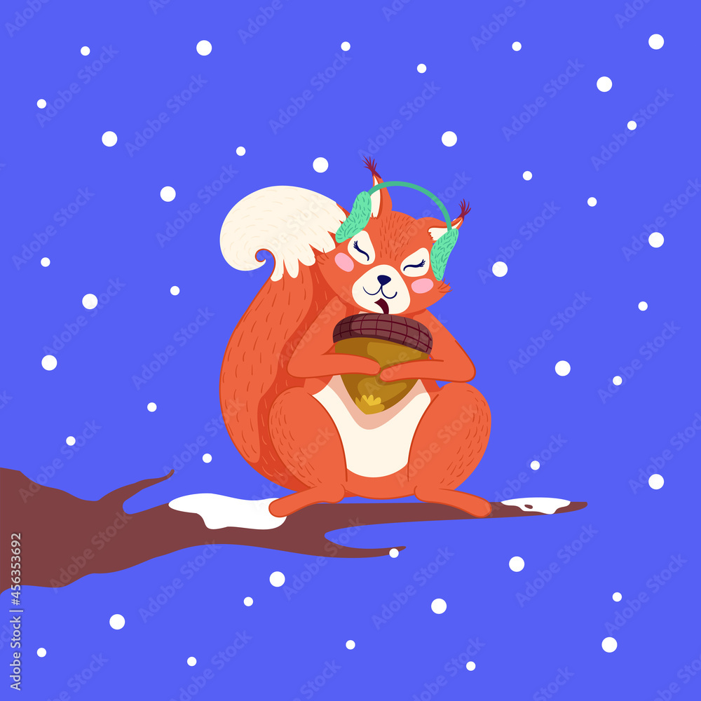 Cute sleepy squirrel holding acorn and sitting on branch. Funny winter character.Cartoon vector illustration. Dark background. Flat style.