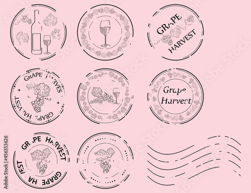 grape harvest - vector grundy print stamps with grape and wine glass