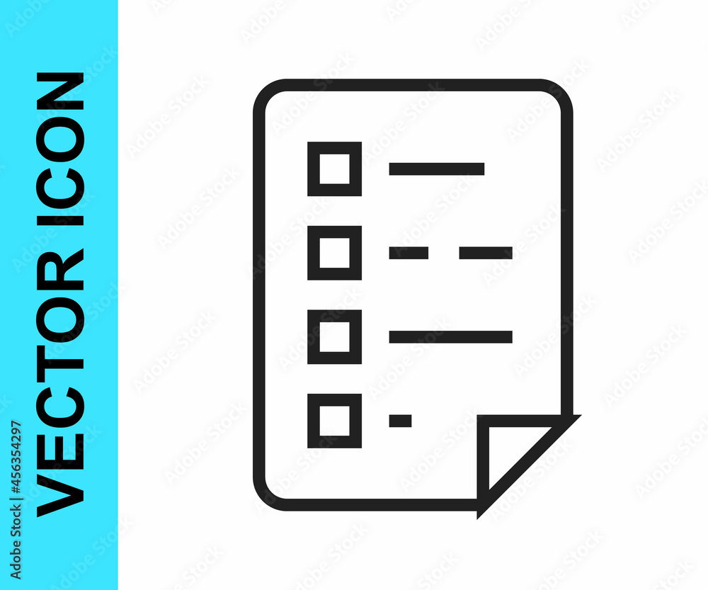 Black line Clipboard with checklist icon isolated on white background. Control list symbol. Survey poll or questionnaire feedback form. Vector Black line Clipboard with checklist icon isolated on white background. Control list symbol. Survey poll or questionnaire feedback form. Vector