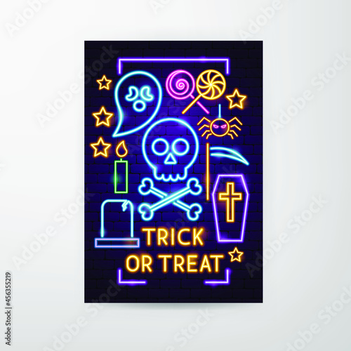 Trick or Treat Neon Flyer. Vector Illustration of Halloween Promotion.