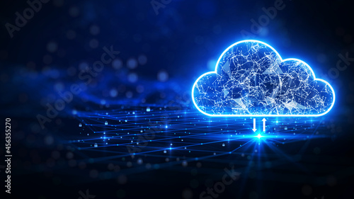 cloud computing. The data transfer and storage concept consists of a white polygonal interconnected structure within it. Dark blue background with small padlocks scattered on the background.