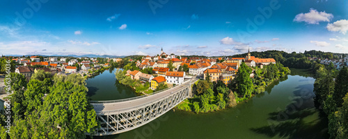 Kandija Iron Bridge Old Bridge, on Krka River in Novo Mesto , Slovenia. Aerial Panorama photo