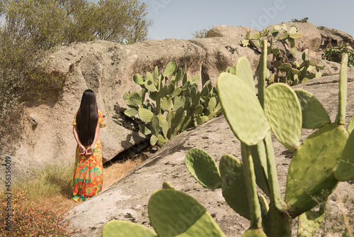 woman foral dress seen from back in cactus and rocky landscape 