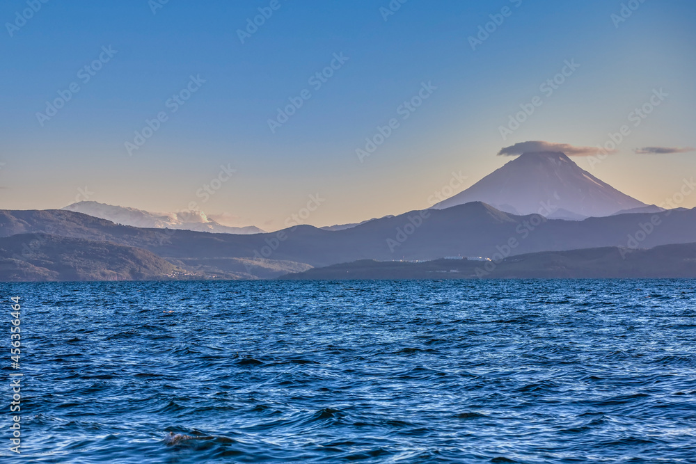 Vilyuchinsky and Mutnovsky volcano. View from Avacha Bay, Kamchatka Peninsula
