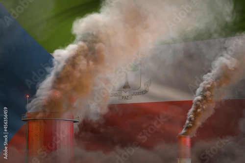 Global warming concept - dense smoke from plant pipes on Equatorial Guinea flag background with place for your logo - industrial 3D illustration