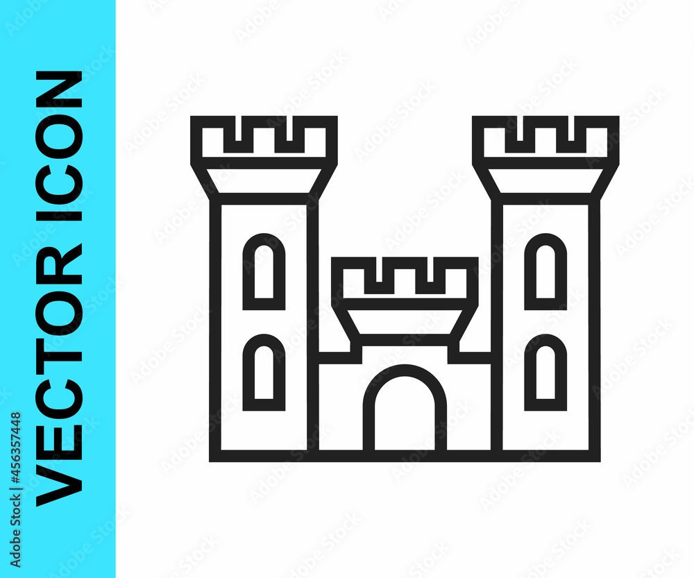 Black line Castle icon isolated on white background. Medieval fortress with a tower. Protection from enemies. Reliability and defense of the city. Vector