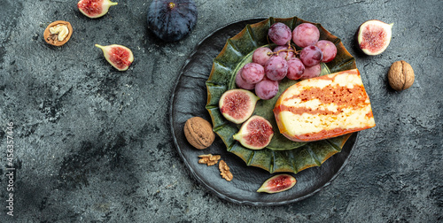 Marble delicous cheese served figs, grapes and walnuts, banner, menu, recipe place for text, top view