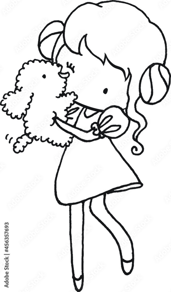 vector cartoon black and white girl with pet puppy vector cartoon black and white girl with pet puppy