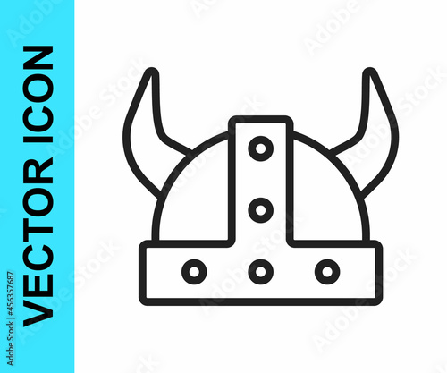 Black line Viking in horned helmet icon isolated on white background. Vector
