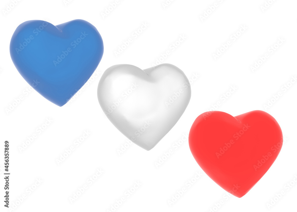 3D hearts isolated on white. Blue, white and red rendered hears as symbol of France. France tricolour.