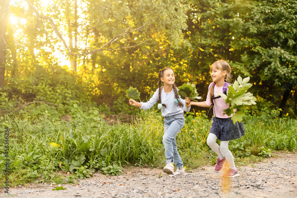 Fototapeta premium schoolgirls among the autumn landscape.