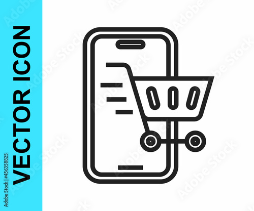 Black line Mobile phone and shopping cart icon isolated on white background. Online buying symbol. Supermarket basket symbol. Vector