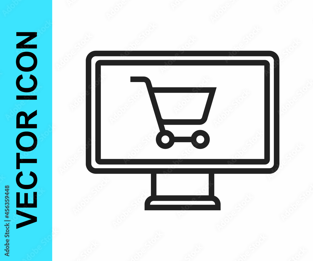 Black line Shopping cart on monitor icon isolated on white background. Concept e-commerce, e-business, online business marketing. Vector Black line Shopping cart on monitor icon isolated on white background. Concept e-commerce, e-business, online business marketing. Vector