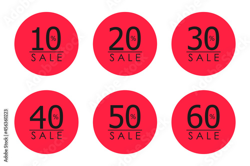 Set of red badges, special offer, discount 10-60%, vector illustration.