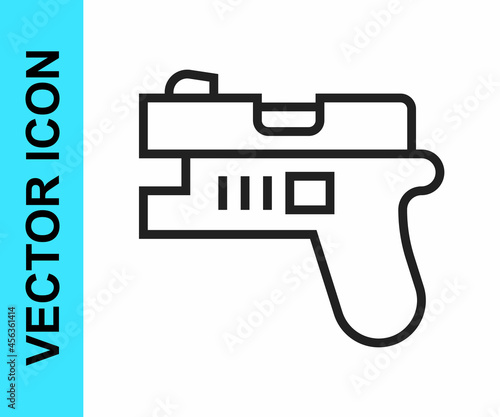 Black line Futuristic space gun blaster icon isolated on white background. Laser Handgun. Alien Weapon. Vector