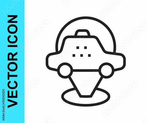 Black line Map pointer with taxi car icon isolated on white background. Location symbol. Vector