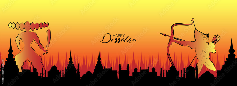 Vector illustration of Ram and Ravan on a Cityscape temple and monument  sunset background for Dussehra festival. Stock Vector | Adobe Stock
