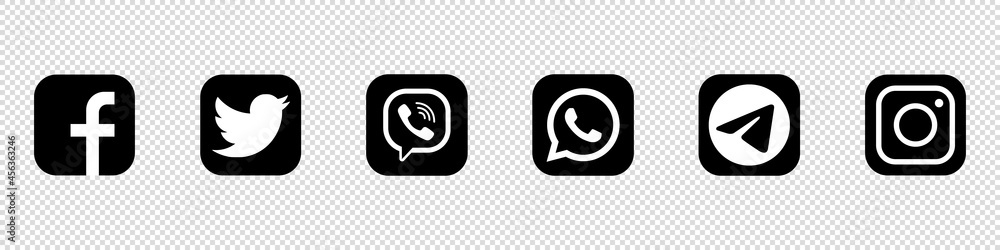 Popular social media icons: instagram, facebook, telegram, viber, whatsapp.  Vector set of social media icons on transparent background. Black and white  color. Vector EPS 10 Stock Vector | Adobe Stock