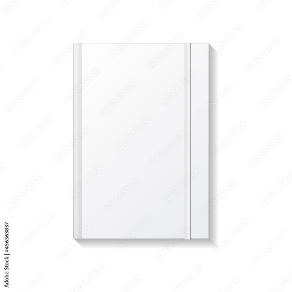 Blank white book or notebook with white elastic top view mockup template.