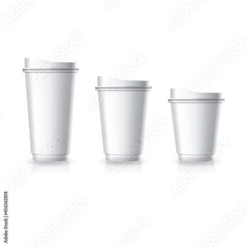 Blank white paper-plastic coffee-tea cup with white lid in large-medium-small size mockup template.