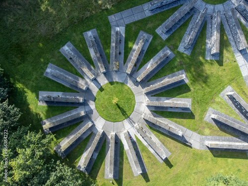 Drone top down aerial view of columbarium at Schoonselhof cemetery in Antwerp Schoonselhof park
