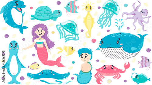 Set of sea creatures, mermaid, newt, whale, dolphin, jellyfish, fish, seal, seahorse, turtle, octopus, crab, stingray. cartoon flat style, underwater world, kids room
