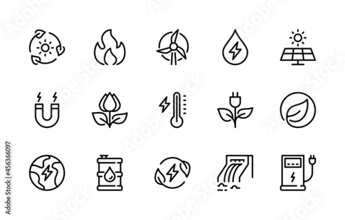Eco energy vector line icons. Isolated icon collection of ecologically clean energy on white background. Energy symbol vector set.