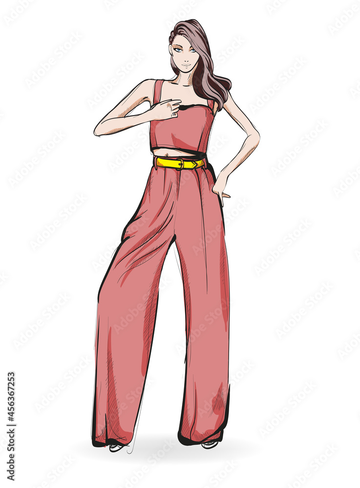 Young beautiful woman in stylish clothes. Sale concept. Hand-drawn fashion illustration Young beautiful woman in stylish clothes. Sale concept. Hand-drawn fashion illustration
