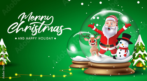 Christmas greeting vector background design. Merry Christmas text with santa claus, snowman and reindeer characters standing in crystal glass ball for xmas season. Vector illustration.
