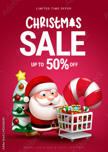 Christmas sale vector poster design. Christmas sale text up to 50% off discount with santa claus and cart element for xmas gift shopping seasonal promotion banner. Vector illustration.
