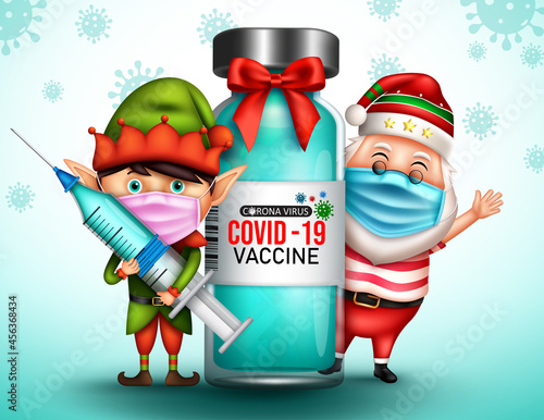 Christmas vaccine vector design. Christmas 3d santa claus and elf characters with vaccination bottle and injection for xmas covid-19 protection. Vector illustration.

