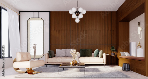 3d rendering,3d illustration, Interior Scene and  Mockup,Modern living room with dark brown wooden wall.