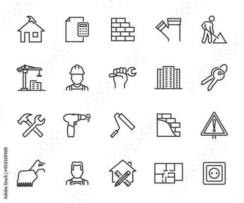 Vector set of construction line icons. Contains icons builder, estimate, real estate, road works, masonry, construction site, plan and more. Pixel perfect.