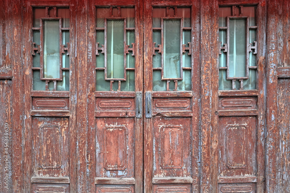 Old lattice door unfolded-chipped-paint faded in Shuyuanmen Culture-Calligraphy Street. Xi'an-China-1562 Old lattice door unfolded-chipped-paint faded in Shuyuanmen Culture-Calligraphy Street. Xi'an-China-1562