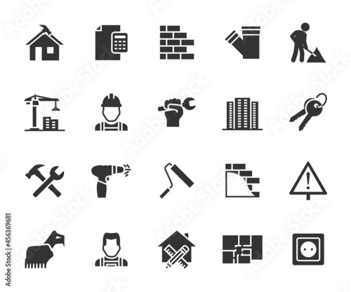 Vector set of construction flat icons. Contains icons builder, estimate, real estate, road works, masonry, construction site, plan and more. Pixel perfect.