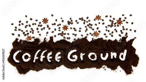 Coffee ground and seeds isolated on white surface. top view ,flat lay. photo