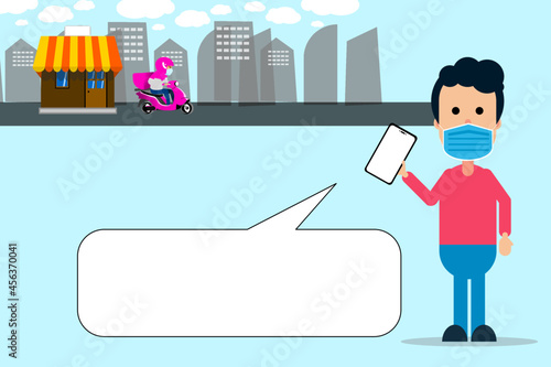 Food delivery app on a smartphone tracking a delivery man on a moped with a ready meal, technology and logistics concept,Online order concept. a man is ordering goods through his cellphone.Stay Home.