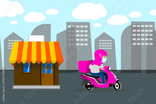 Online food delivery to your door service. Uber eat, grab food, fast food design for landing page, web, poster, flyer. Ready meal logistic with city skyline background.