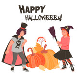 Halloween greeting card or banner layout with children dressed in fancy costumes standing with pumpkins, flat cartoon vector illustration. Halloween holiday party poster, invitation card.
