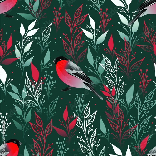 Seamless pattern with winter bullfinches. Design for card, fabric, print, greeting, cloth, poster, clothes, textile.