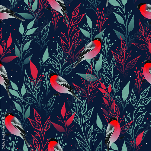 Seamless pattern with winter bullfinches. Design for card, fabric, print, greeting, cloth, poster, clothes, textile.