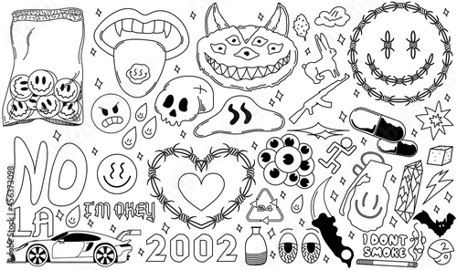 Abstract funny hand-drawn sketches. In Acid Graphic style, All elements are isolated on white background.