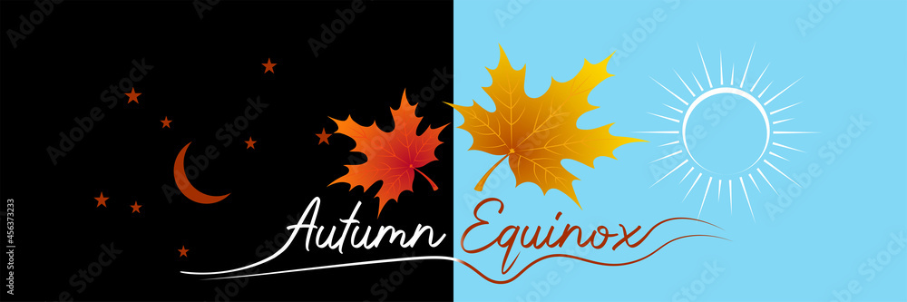Autumn equinox vector illustration. September 22. Concept design with maple leaves in darker and lighter color. Crescent with stars and sun. - obrazy, fototapety, plakaty 