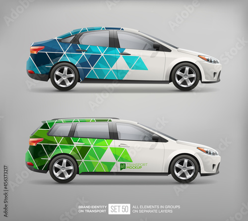 Realistic vector car sedan or station wagon mockup template with abstract corporate identity branding design. Passenger car with abstract geometric business background. Side view station wagon sedan