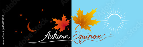 Autumn equinox vector illustration. September 22. Concept design with maple leaves in darker and lighter color. Crescent with stars and sun. photo