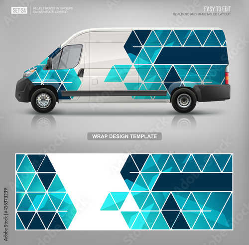 Realistic vector Van mockup with wrap decal for livery branding corporate identity design . Abstract geometric graphics of blue triangular mosaic. Abstract background for business flyer design