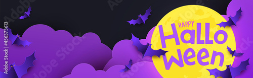 Halloween Sale Promotion banner with full moon and  bats in night clouds. Paper cut style, digital craft style. Halloween website Sale banner or header, horizontal poster template