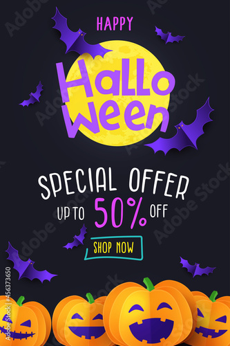 Halloween Sale Promotion banner with cutest pumpkins, bat and candy in night clouds. Paper cut, digital craft style. Halloween web Sale design, poster, party invitation or greeting card template